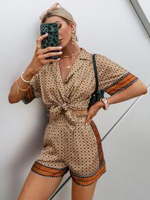 Sollinarry Women's Vintage Floral Print Batwing Sleeve Shirt And Shorts Casual Suit, 4th Of July, Vacation Two Pieces Set - Multicolor - View 3