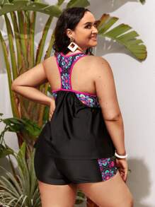 Swim Lushoire Summer Plus Size Floral Print Tankini Set Racer Back Tank Top & Boyshorts 2 Pieces Bathing Suit - Black - View 2