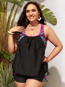 Swim Lushoire Summer Plus Size Floral Print Tankini Set Racer Back Tank Top & Boyshorts 2 Pieces Bathing Suit - Black - View 3