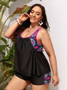 Swim Lushoire Summer Plus Size Floral Print Tankini Set Racer Back Tank Top & Boyshorts 2 Pieces Bathing Suit - Black - View 5
