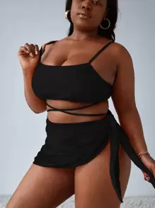 Slaydiva Plus Size 3packs Criss Cross Bikini Set & Beach Skirt Summer Beach - Black - View 1