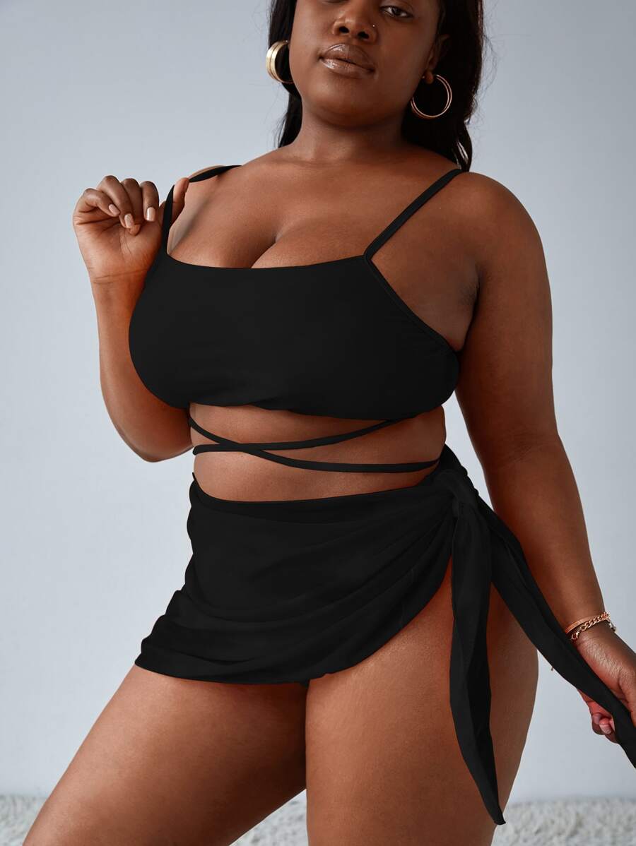 Slaydiva Plus Size 3packs Criss Cross Bikini Set & Beach Skirt Summer Beach - Black - View 1