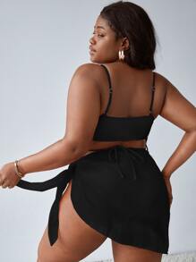 Slaydiva Plus Size 3packs Criss Cross Bikini Set & Beach Skirt Summer Beach - Black - View 2