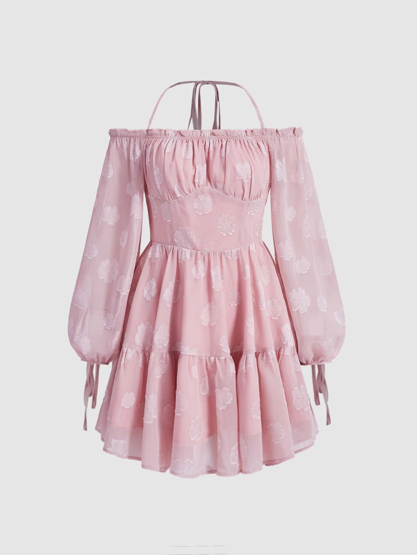 SHEIN MOD Frill Trim Ruched Bust Floral Jacquard Dress - Baby Pink - View 1