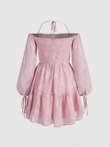 SHEIN MOD Frill Trim Ruched Bust Floral Jacquard Dress - Baby Pink - View 2