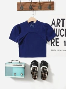 SHEIN Girls Frog Button Puff Sleeve Tee & Solid Cami Top - Blue - View 1