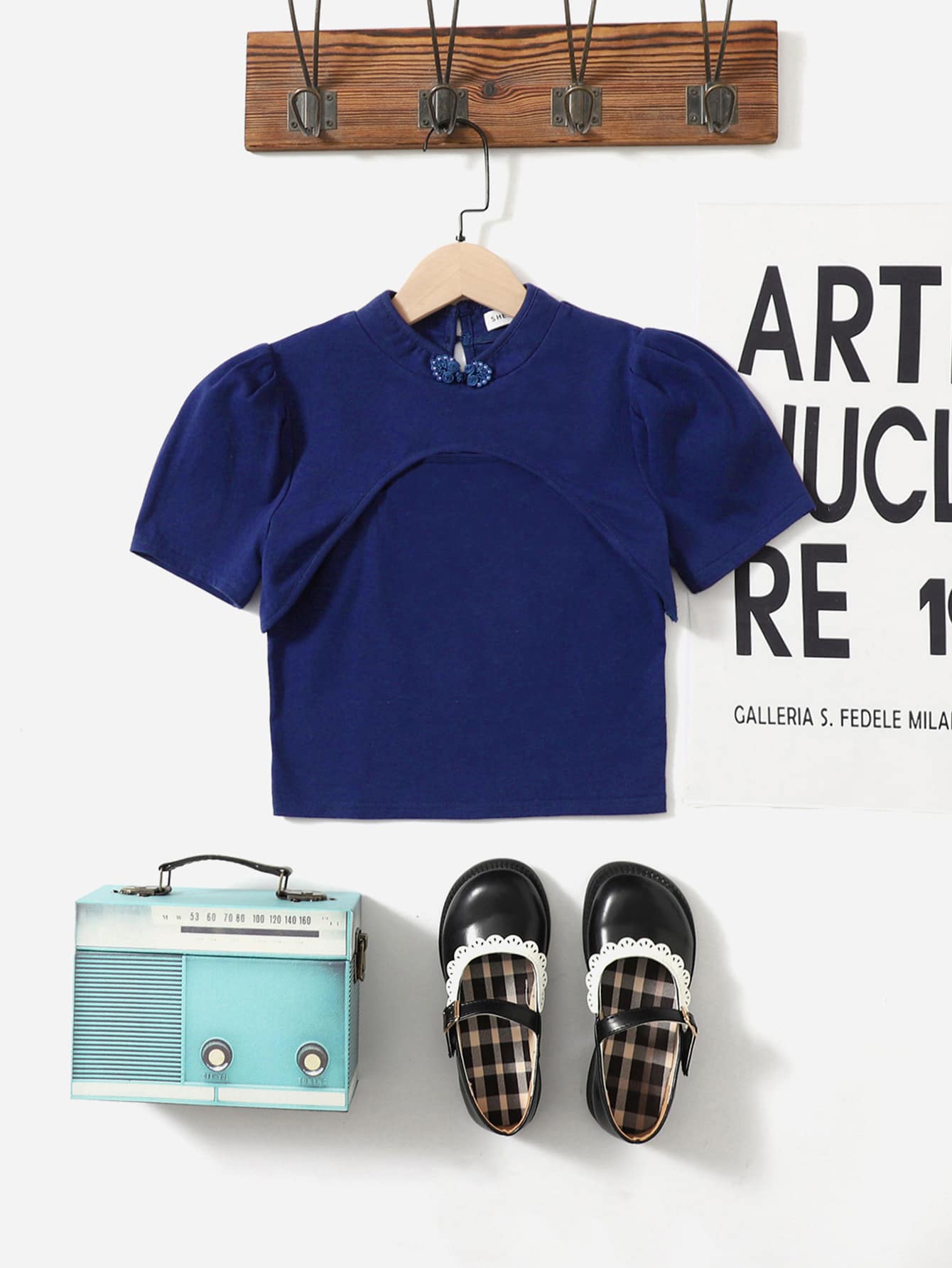 SHEIN Girls Frog Button Puff Sleeve Tee & Solid Cami Top - Blue - View 1