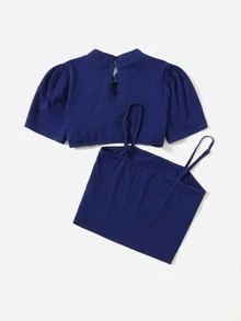 SHEIN Girls Frog Button Puff Sleeve Tee & Solid Cami Top - Blue - View 2