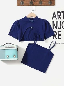 SHEIN Girls Frog Button Puff Sleeve Tee & Solid Cami Top - Blue - View 3