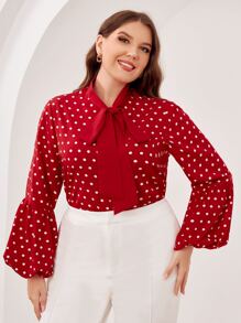 SHEIN Clasi Áo sơ mi Plus Size Thắt nơ trước Chấm bi Thanh lịch - Đỏ - Xem 2