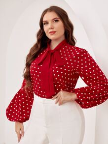 SHEIN Clasi Áo sơ mi Plus Size Thắt nơ trước Chấm bi Thanh lịch - Đỏ - Xem 1