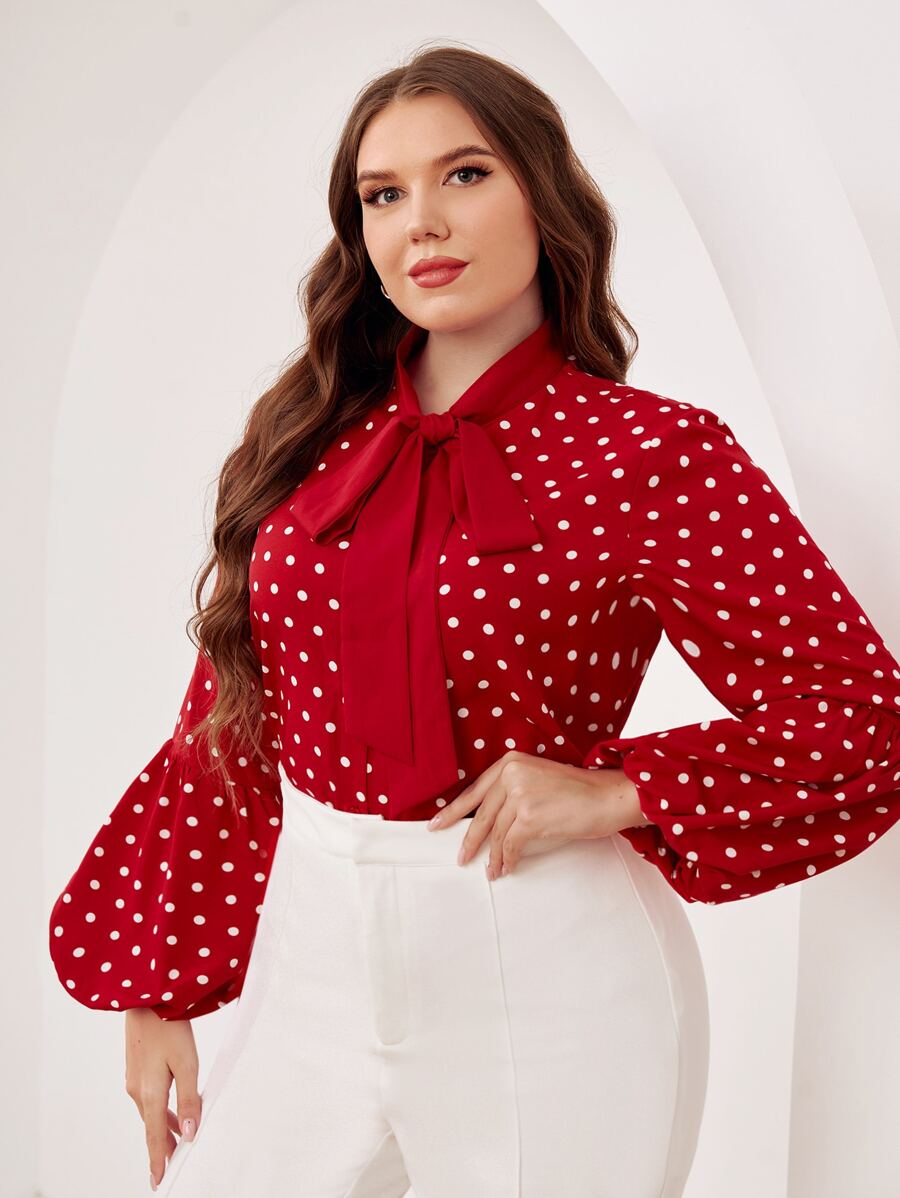 SHEIN Clasi Áo sơ mi Plus Size Thắt nơ trước Chấm bi Thanh lịch - Đỏ - Xem 1