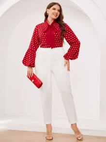 SHEIN Clasi Áo sơ mi Plus Size Thắt nơ trước Chấm bi Thanh lịch - Đỏ - Xem 4