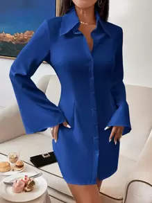 SHEIN Essnce Split Sleeve Single Breasted Shirt Dress - Royal Blue - View 5