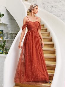 Vestido de dama de honor de malla jacquard de hombros descubiertos fruncido - Naranja Quemada - Ver 1