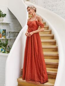 Vestido de dama de honor de malla jacquard de hombros descubiertos fruncido - Naranja Quemada - Ver 3