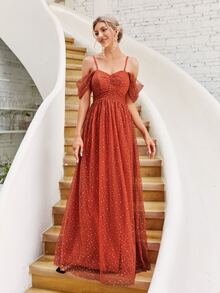 Vestido de dama de honor de malla jacquard de hombros descubiertos fruncido - Naranja Quemada - Ver 5