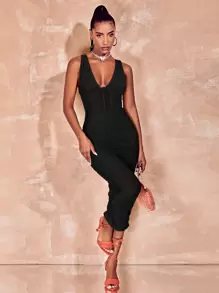 SHEIN BAE Deep V Neck Ruched Sheer Bodycon Dress - Black - View 1
