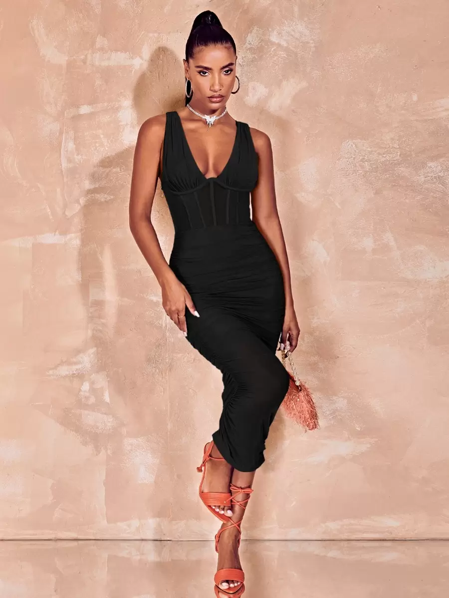 SHEIN BAE Deep V Neck Ruched Sheer Bodycon Dress - Black - View 1
