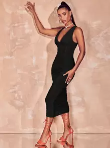 SHEIN BAE Deep V Neck Ruched Sheer Bodycon Dress - Black - View 3