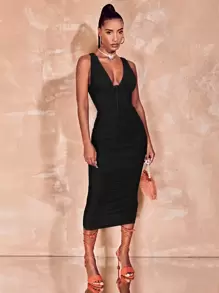 SHEIN BAE Deep V Neck Ruched Sheer Bodycon Dress - Black - View 4