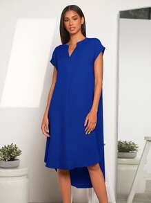 EMERY ROSE Notched Neck Dip Hem Dress - Royal Blue - View 1