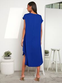EMERY ROSE Notched Neck Dip Hem Dress - Royal Blue - View 2