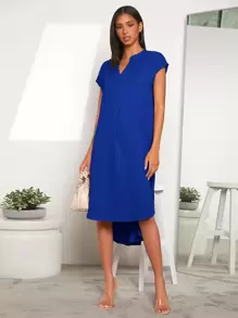 EMERY ROSE Notched Neck Dip Hem Dress - Royal Blue - View 3