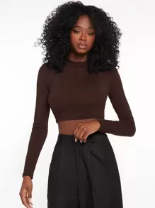 SHEIN Essnce Top corto ajuste de forma de cuello alto - Marrón Chocolate - Ver 4
