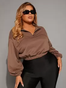 SHEIN SXY Plus Solid Zip Half Placket Sweatshirt - Coffee Brown - View 1