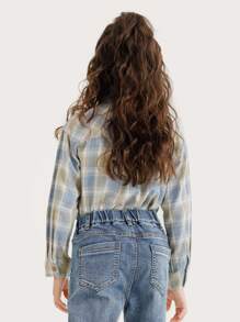 Niñas 1 pieza Camisa con estampado de cuadros de hombros caídos de cuello en contraste - Multicolor - Ver 2