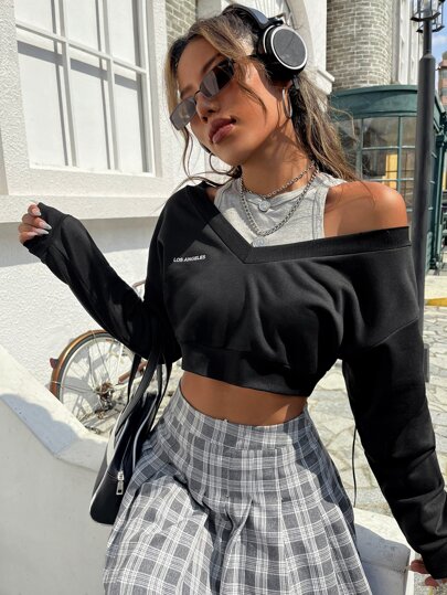 Sweat-shirt court à broderie & Top sans manches unicolore