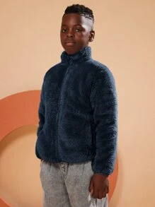 SOLOCOTE Boys Zip Up Drop Shoulder Teddy Jacket - Navy Blue - View 6