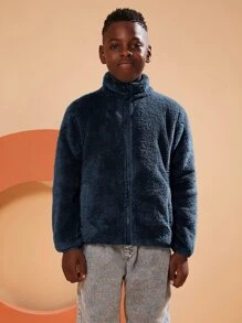 SOLOCOTE Boys Zip Up Drop Shoulder Teddy Jacket - Navy Blue - View 4