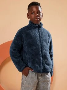 SOLOCOTE Boys Zip Up Drop Shoulder Teddy Jacket - Navy Blue - View 1