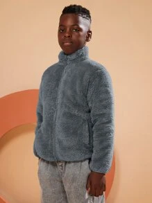 SOLOCOTE 男孩斜插口袋泰迪夾克 - 深灰色 - 查看 4