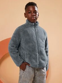 SOLOCOTE 男孩斜插口袋泰迪夾克 - 深灰色 - 查看 1