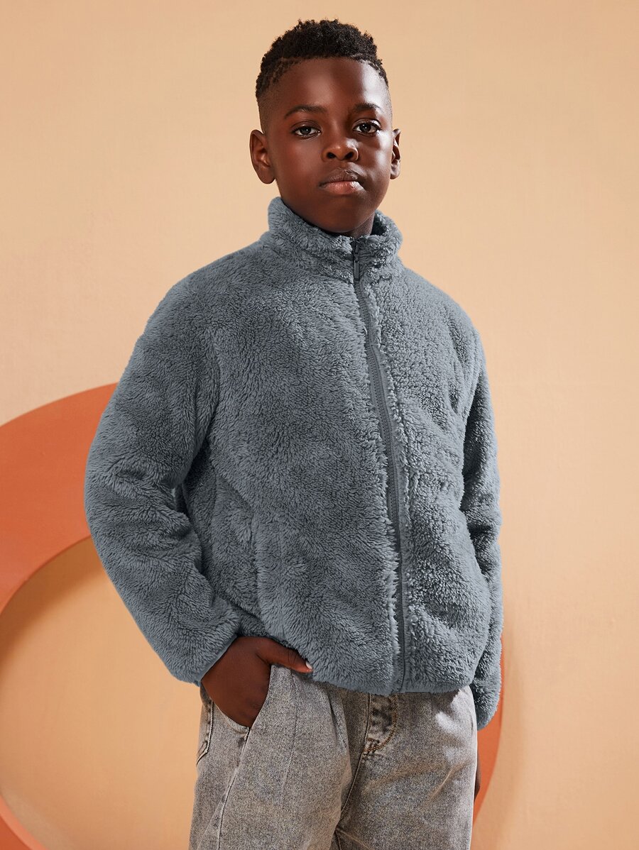 SOLOCOTE 男孩斜插口袋泰迪夾克 - 深灰色 - 查看 1