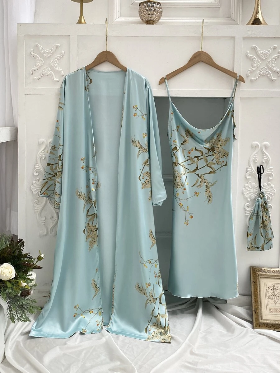 3pcs Floral Print Belted Satin PJ Set - Mint Green - View 1