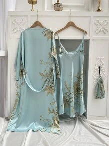 3pcs Floral Print Belted Satin PJ Set - Mint Green - View 2