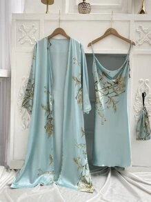3pcs Floral Print Belted Satin PJ Set - Mint Green - View 3