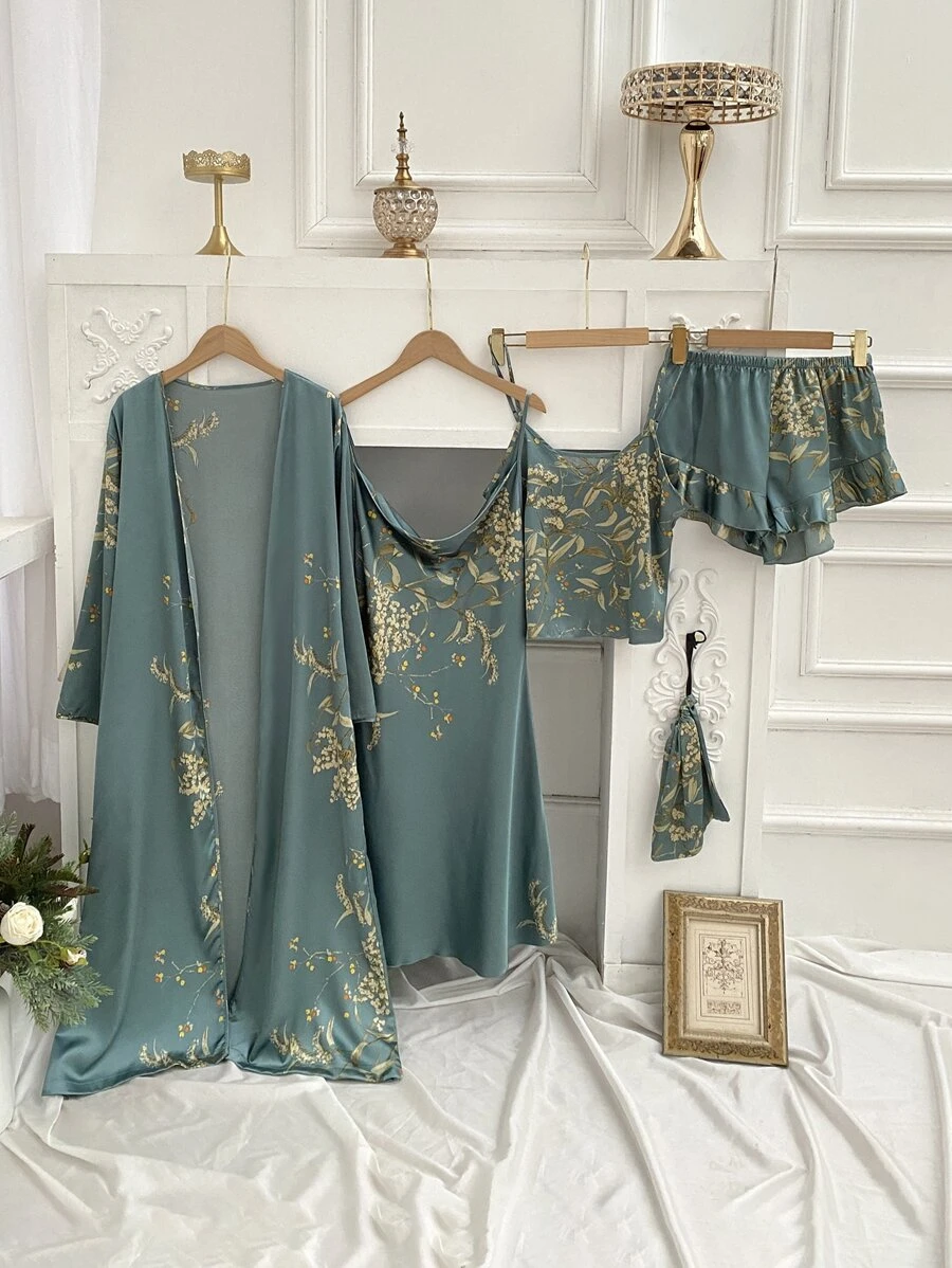 5pcs Floral Print Satin Ruffle Trim PJ Set - Dusty Blue - View 1