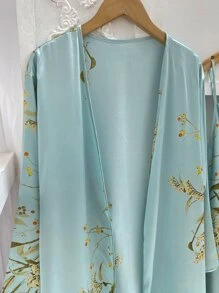 3pcs Floral Print Belted Satin PJ Set - Mint Green - View 5