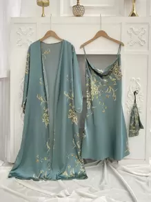 3pack Floral Print Belted Satin PJ Set - Cadet Blue - View 1