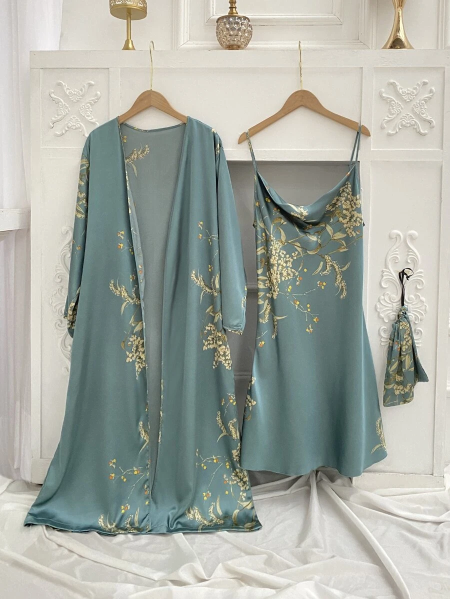 3pack Floral Print Belted Satin PJ Set - Cadet Blue - View 1