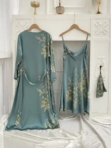 3pack Floral Print Belted Satin PJ Set - Cadet Blue - View 2