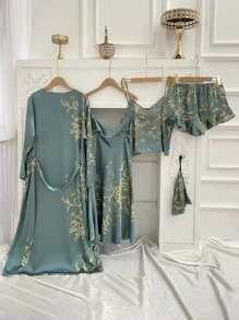 5pcs Floral Print Satin Ruffle Trim PJ Set - Dusty Blue - View 2