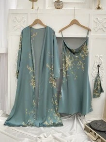 3pack Floral Print Belted Satin PJ Set - Cadet Blue - View 3