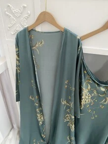 5pcs Floral Print Satin Ruffle Trim PJ Set - Dusty Blue - View 3