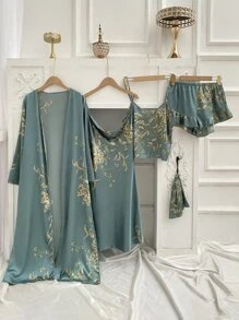 5pcs Floral Print Satin Ruffle Trim PJ Set - Dusty Blue - View 4